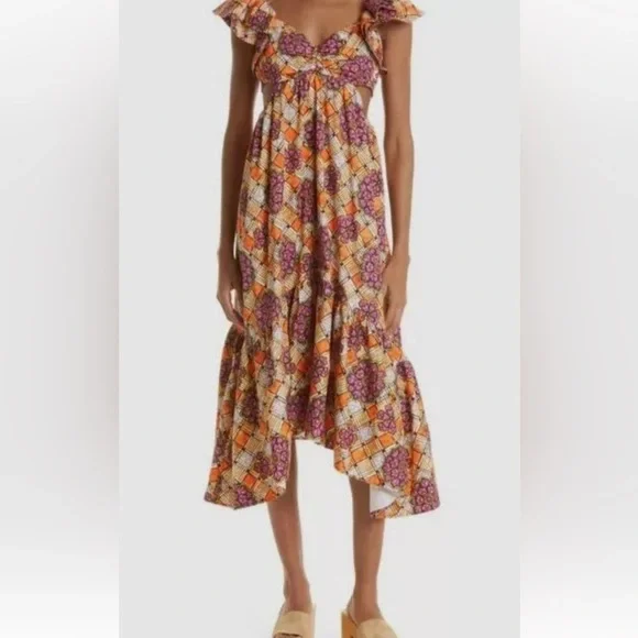 Autumn Adeigbo Chioma Floral Cutout Midi Dress Purple Orange Tiered Ruffle Dress - Picture 12 of 15